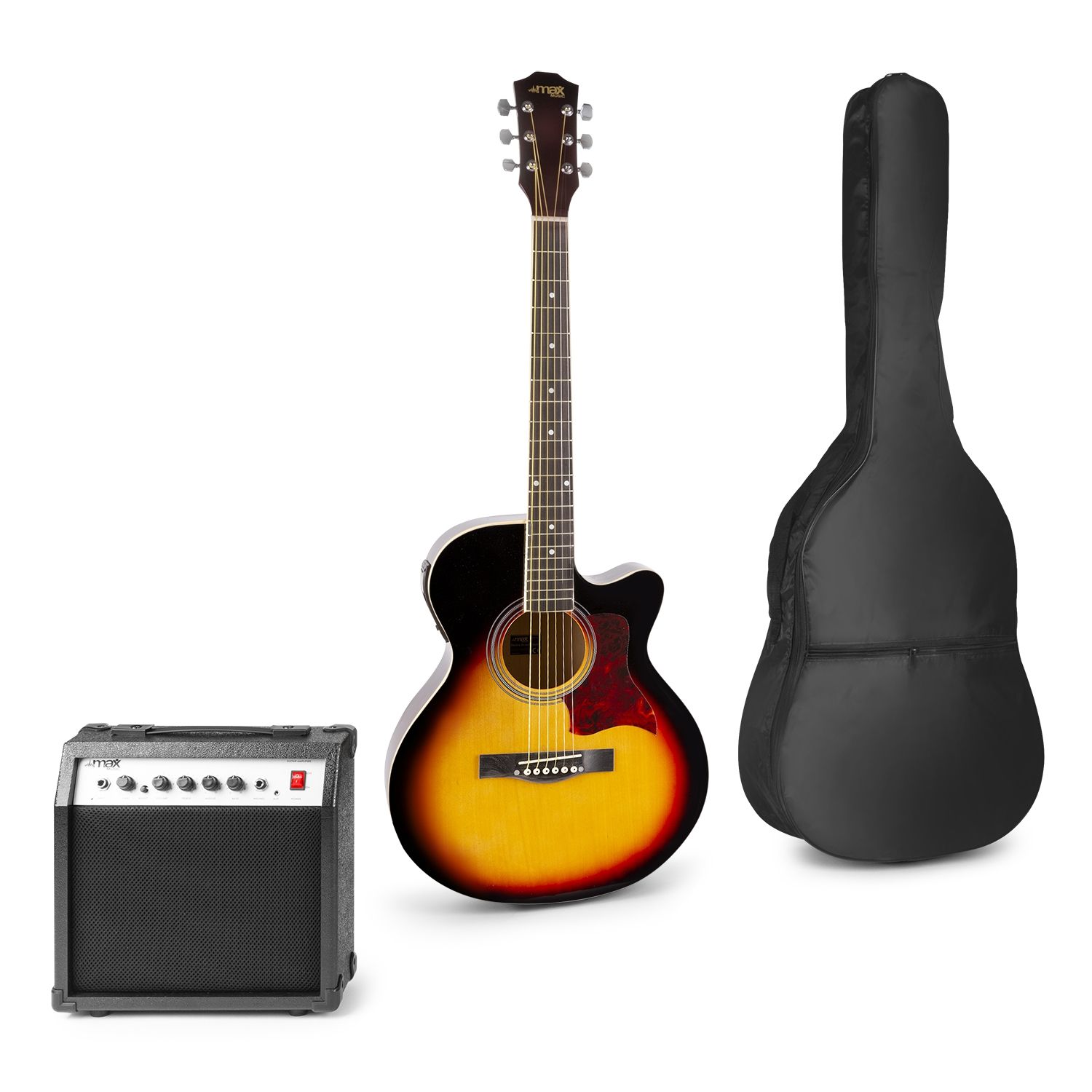 Guitare Sunburst Accessoires Complet Pack Guitare Électro-Acoustique MAX Sunburst - Ampli, Sac, Accordeur | Débutants & Confirmés Guitare électro-acoustique MAX Sunburst Ampli Accessoires